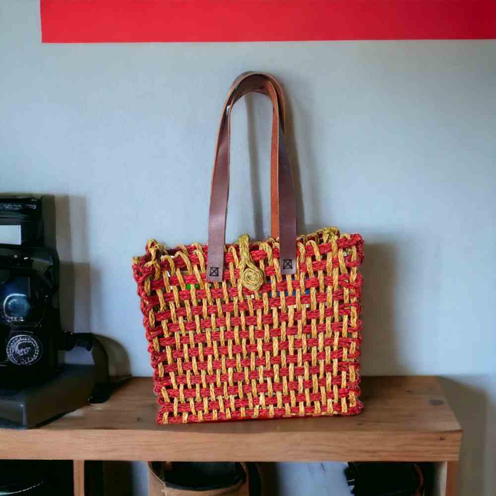 Red Yellow Handmade Sabai Grass Mesh Bag